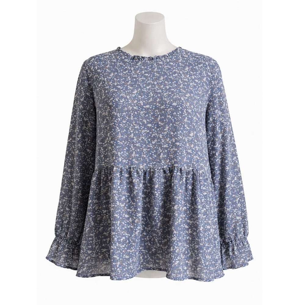 Petallush Blue Floral Ditsy Print Babydoll Blouse Ruffle Neck Peplum Top XL NEW